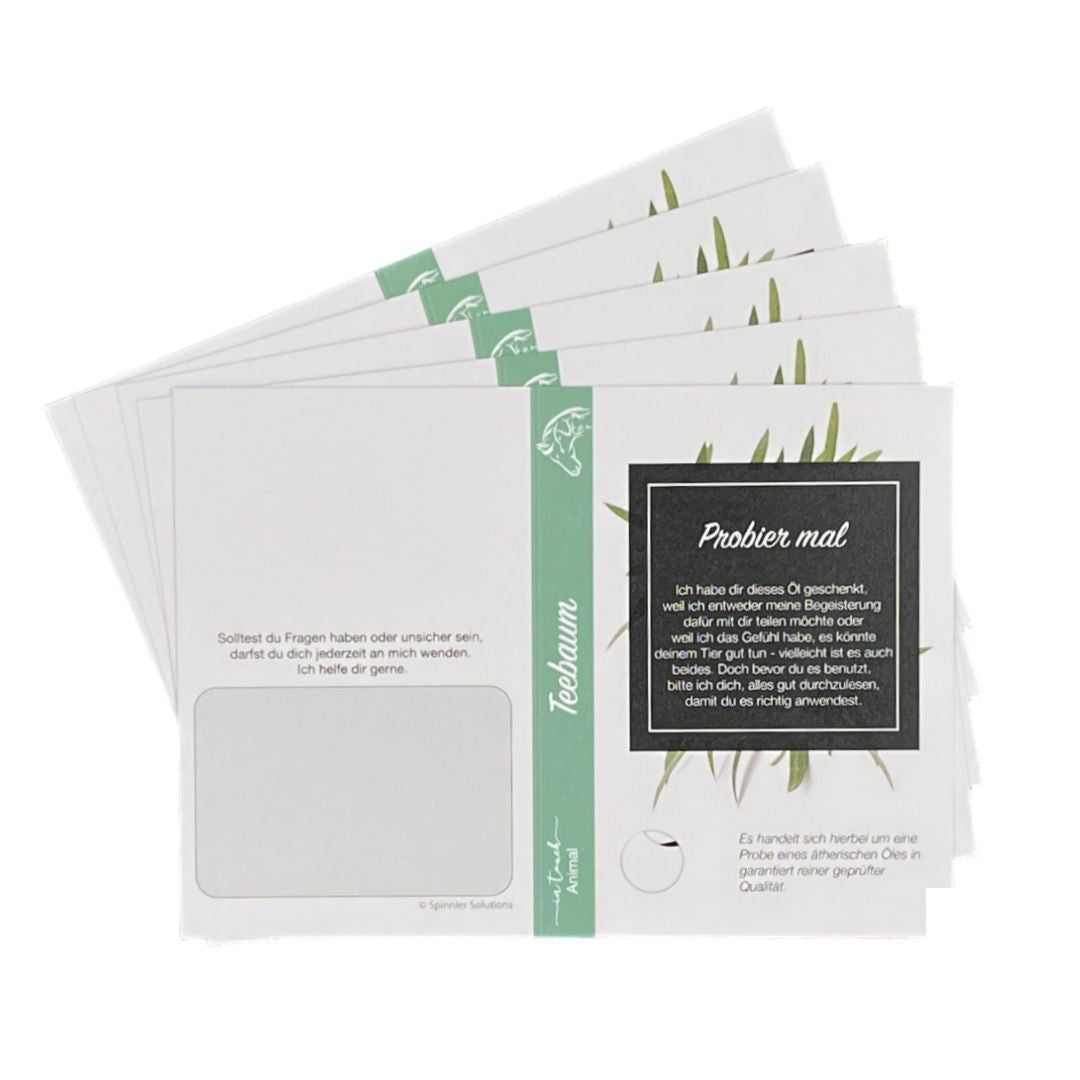 Karten für Müsterli/ Sample Tiere "Teebaumöl", (5er Pack)