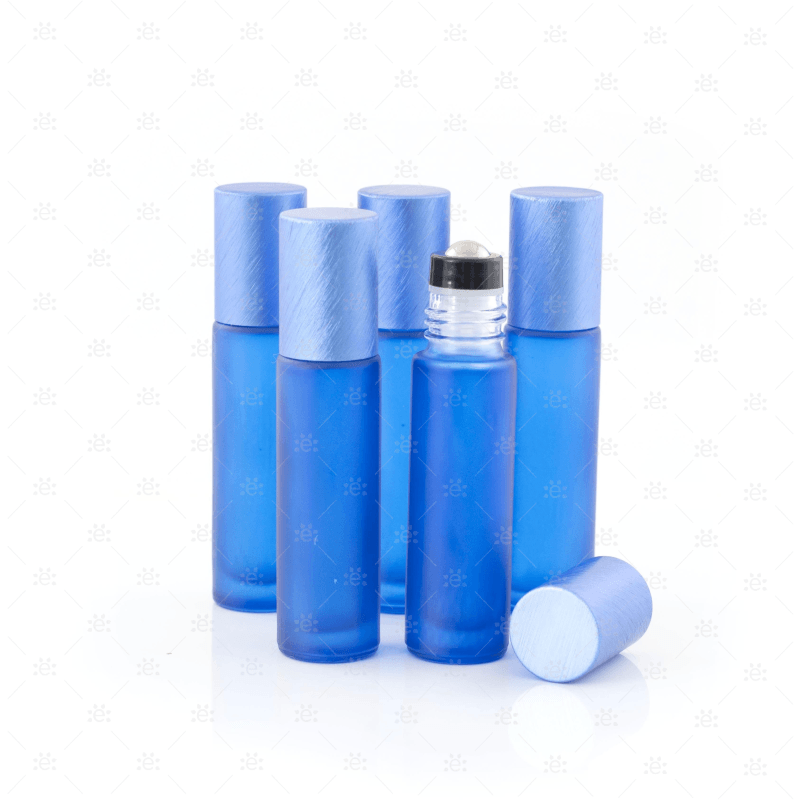 Deluxe Frosted 10Ml Blue Roller Bottles With Metallic Caps & Premium Rollers (5 Pack) Glass Roller