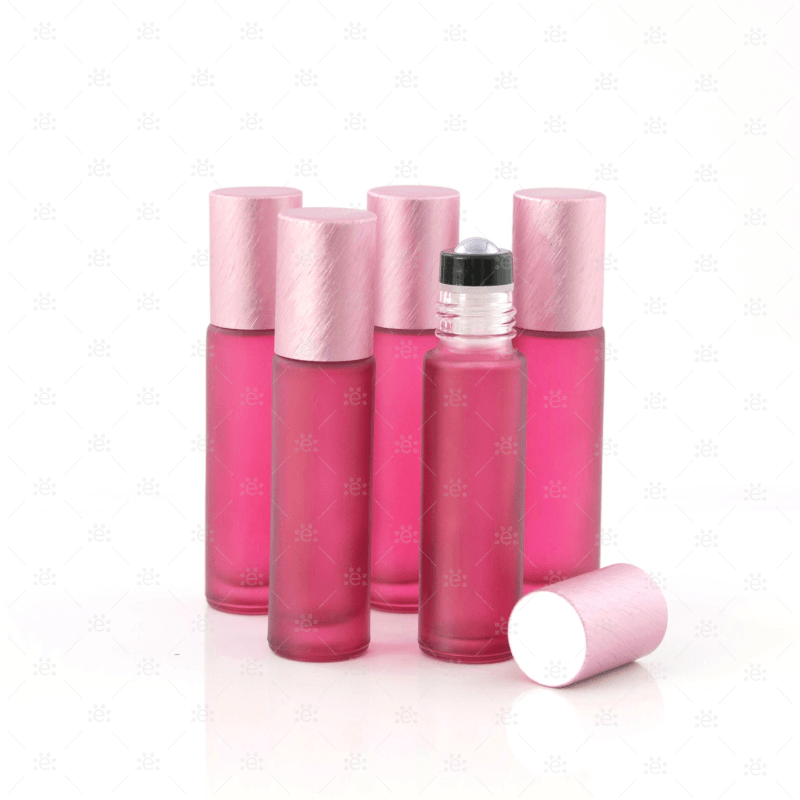 Deluxe Frosted 10Ml Pink Roller Bottles With Metallic Caps & Premium Rollers (5 Pack) Glass Bottle