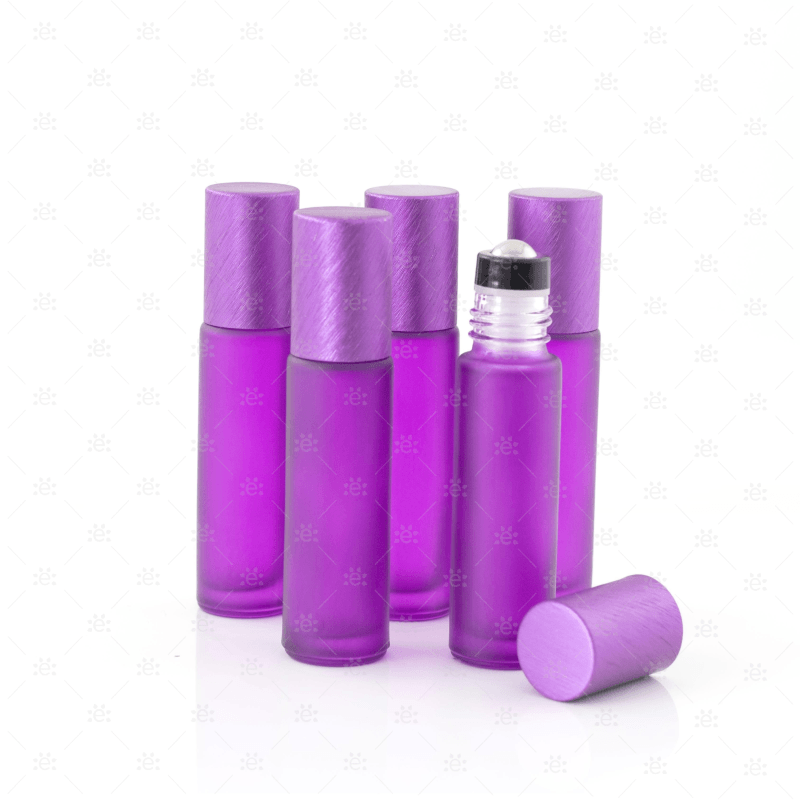 Deluxe Frosted 10Ml Purple Roller Bottles With Metallic Caps & Premium Rollers (5 Pack) Glass Roller