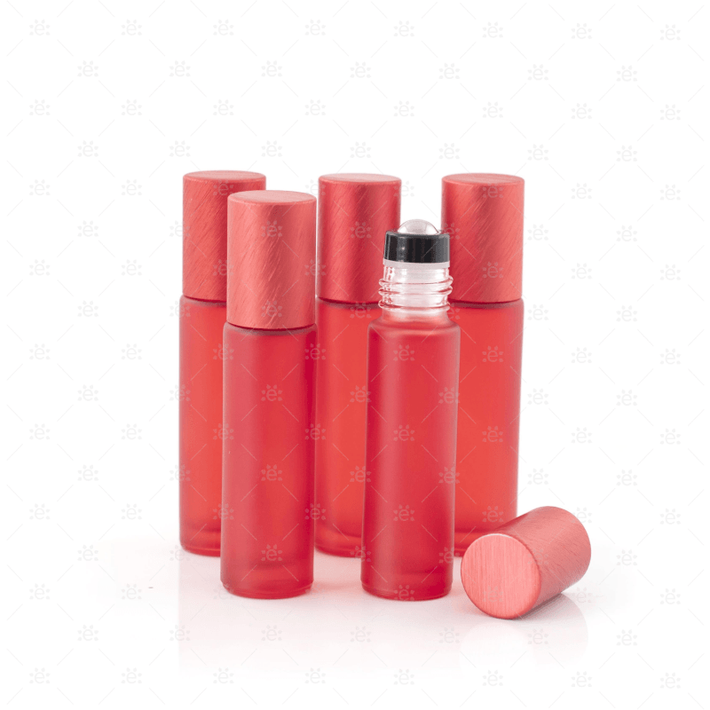 Deluxe Frosted 10Ml Red Roller Bottles With Metallic Caps & Premium Rollers (5 Pack) Glass Roller