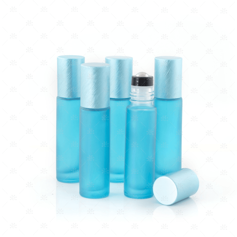 Deluxe Frosted 10Ml Teal Roller Bottles With Metallic Caps & Premium Rollers (5 Pack) Glass Roller