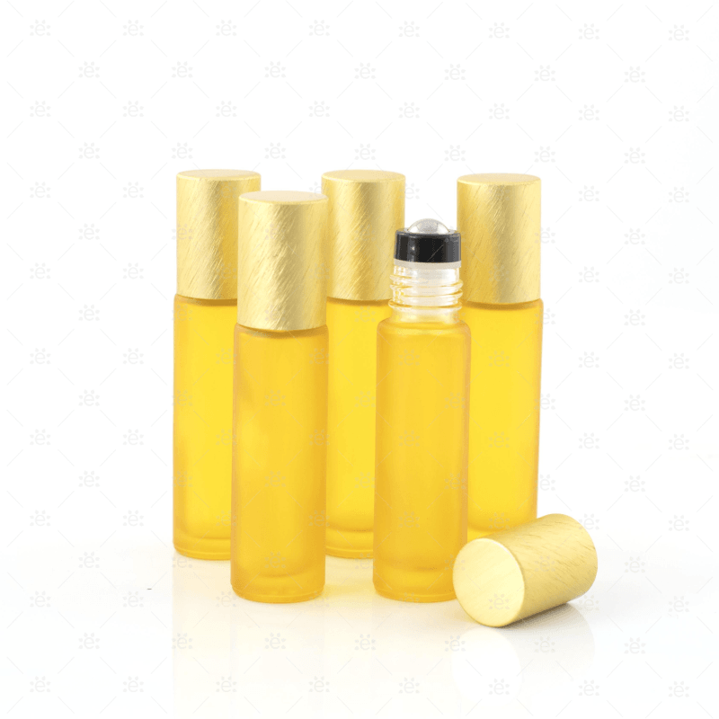 Deluxe Frosted 10Ml Yellow Roller Bottles With Metallic Caps & Premium Rollers (5 Pack) Glass Roller