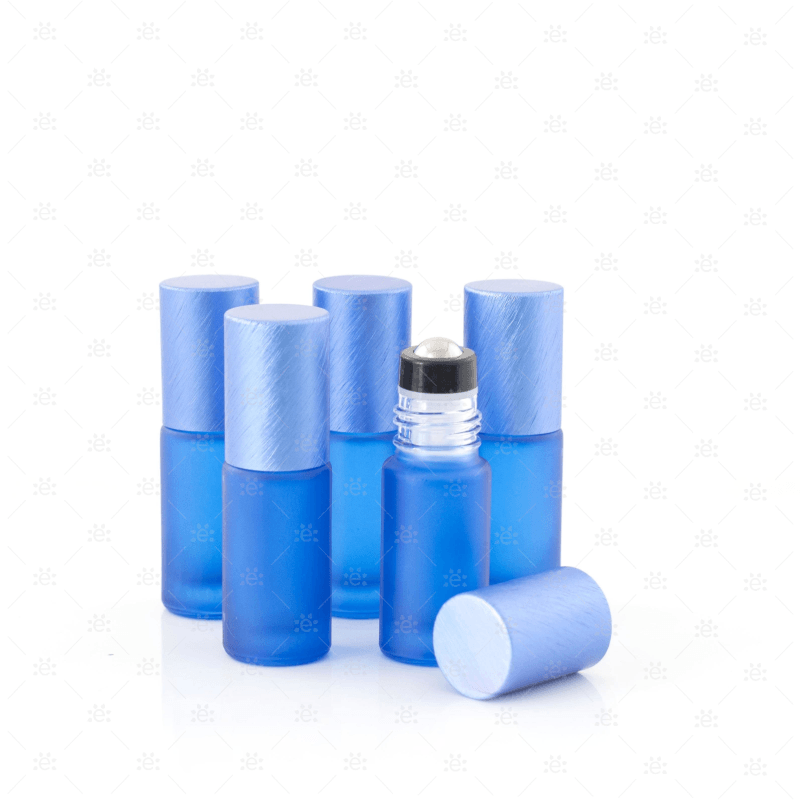 Deluxe Frosted 5Ml Blue Roller Bottles With Metallic Caps & Premium Rollers (5 Pack) Glass Bottle