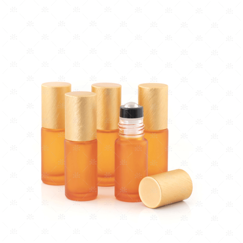 Deluxe Frosted 5Ml Orange Roller Bottles With Metallic Caps & Premium Rollers (5 Pack) Glass Bottle