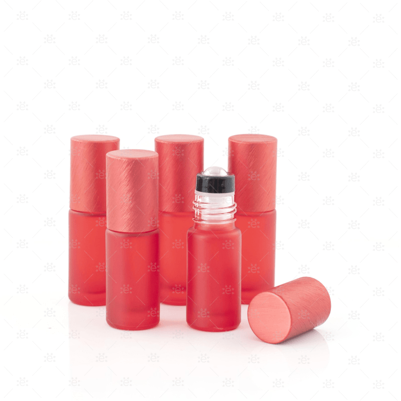 Deluxe Frosted 5Ml Red Roller Bottles With Metallic Caps & Premium (5 Pack) Glass Bottle