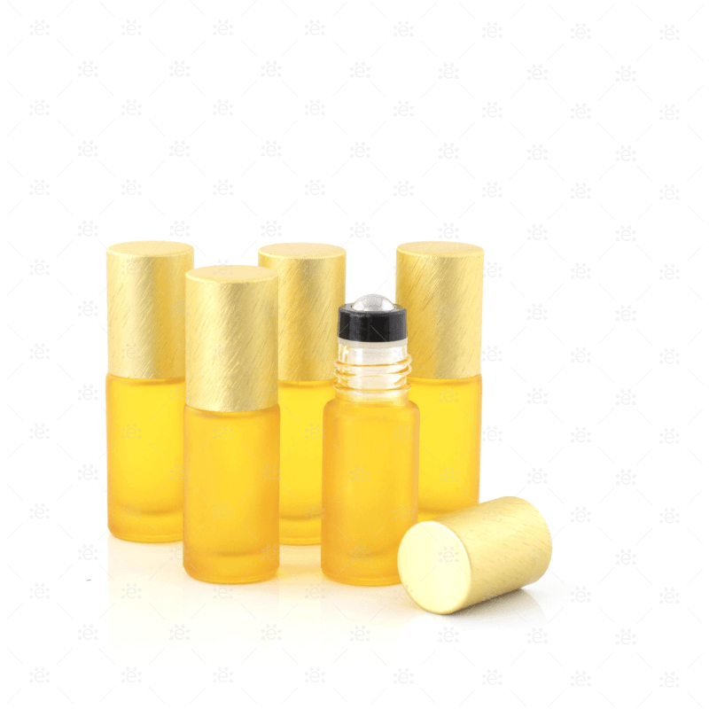 Deluxe Frosted 5Ml Yellow Roller Bottles With Metallic Caps & Premium Rollers (5 Pack) Glass Bottle