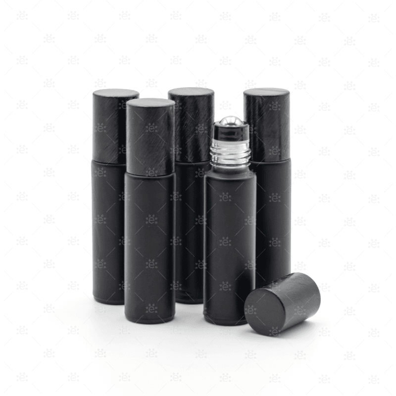 Deluxe Matte 10Ml Black Roller Bottles With Metallic Caps & Premium Rollers (5 Pack) Glass Roller