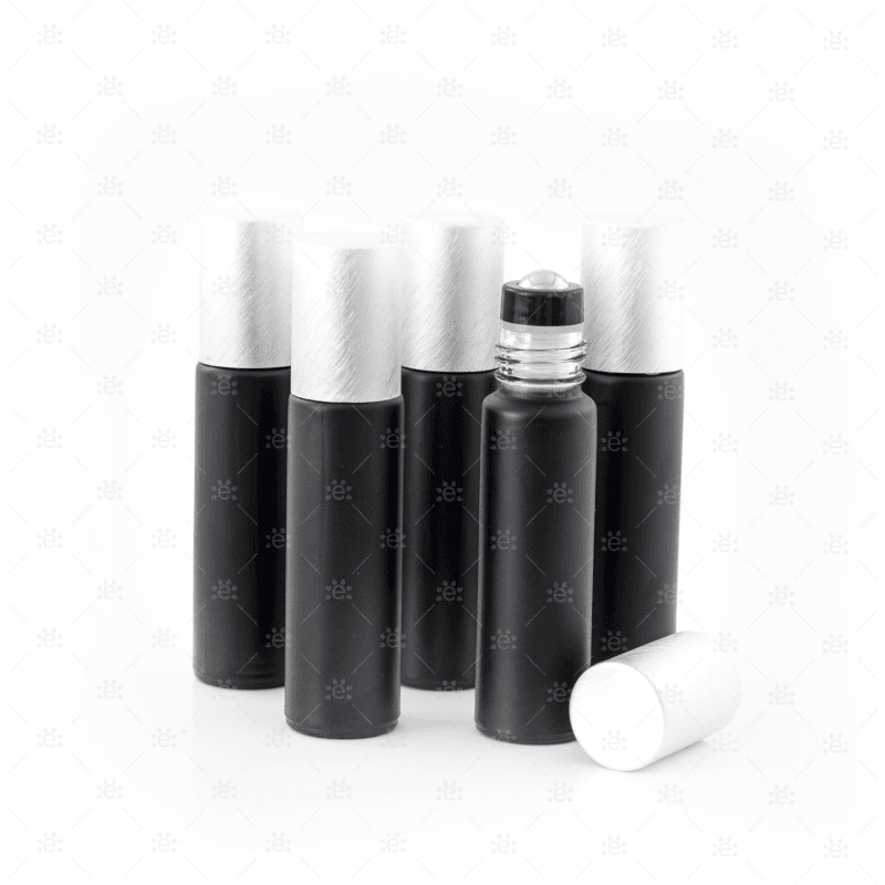 Deluxe Matte 10Ml Black Roller Bottles With Pewter Metallic Caps & Premium Rollers (5 Pack) Glass