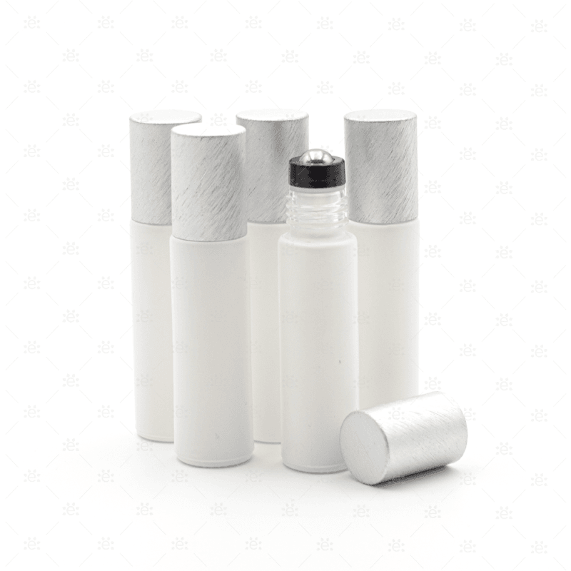 Deluxe Matte 10Ml White Roller Bottles With Pewter Metallic Caps & Premium Rollers (5 Pack) Glass