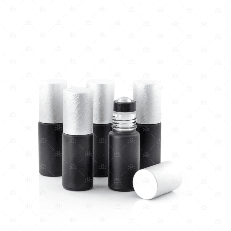 Deluxe Matte 5Ml Black Roller Bottles With Pewter Metallic Caps & Premium Rollers (5 Pack) Glass