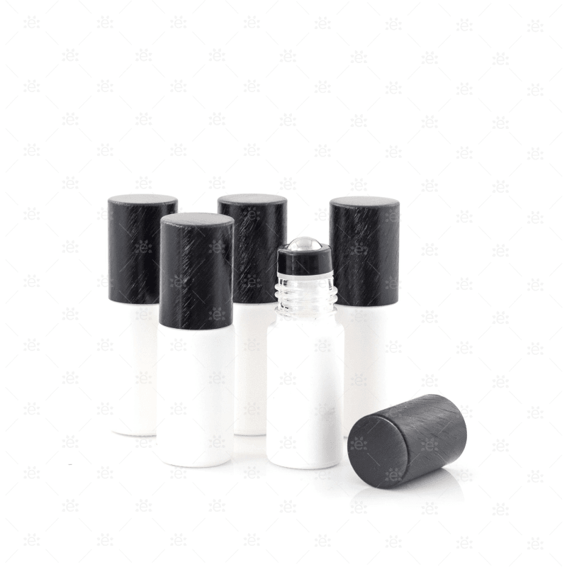 Deluxe Matte 5Ml White Roller Bottles With Black Metallic Caps & Premium Rollers (5 Pack) Glass