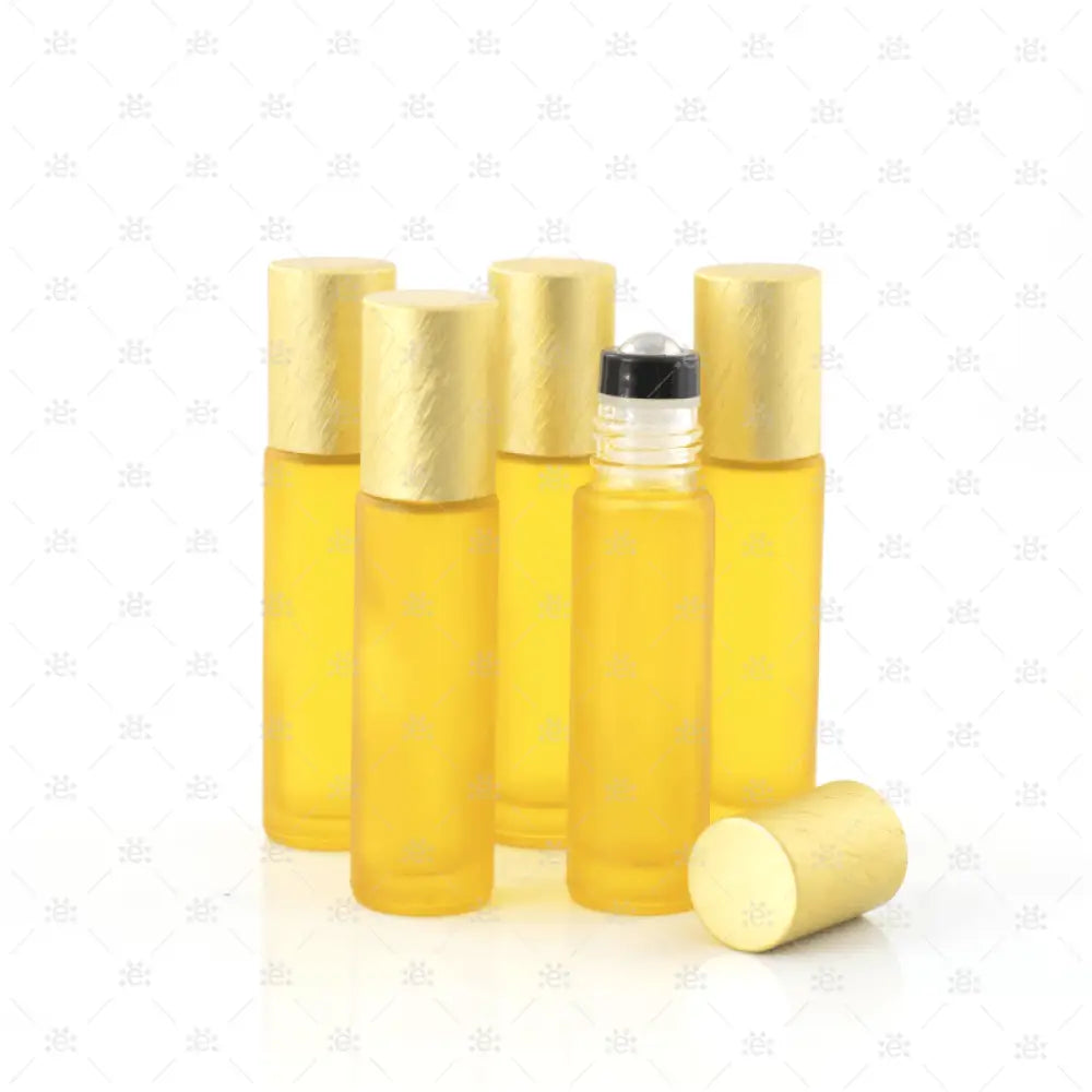 Deluxe Frosted 10Ml Yellow Roller Bottles With Metallic Caps & Premium Rollers (5 Pack) Glass Roller