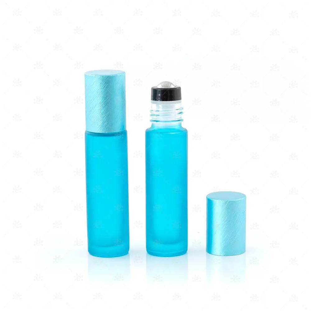 Roller 10ml deluxe frosted hellblau mit metallic Deckel & premium Stahlkugeleinsatz einzel Glass Roller Bottle