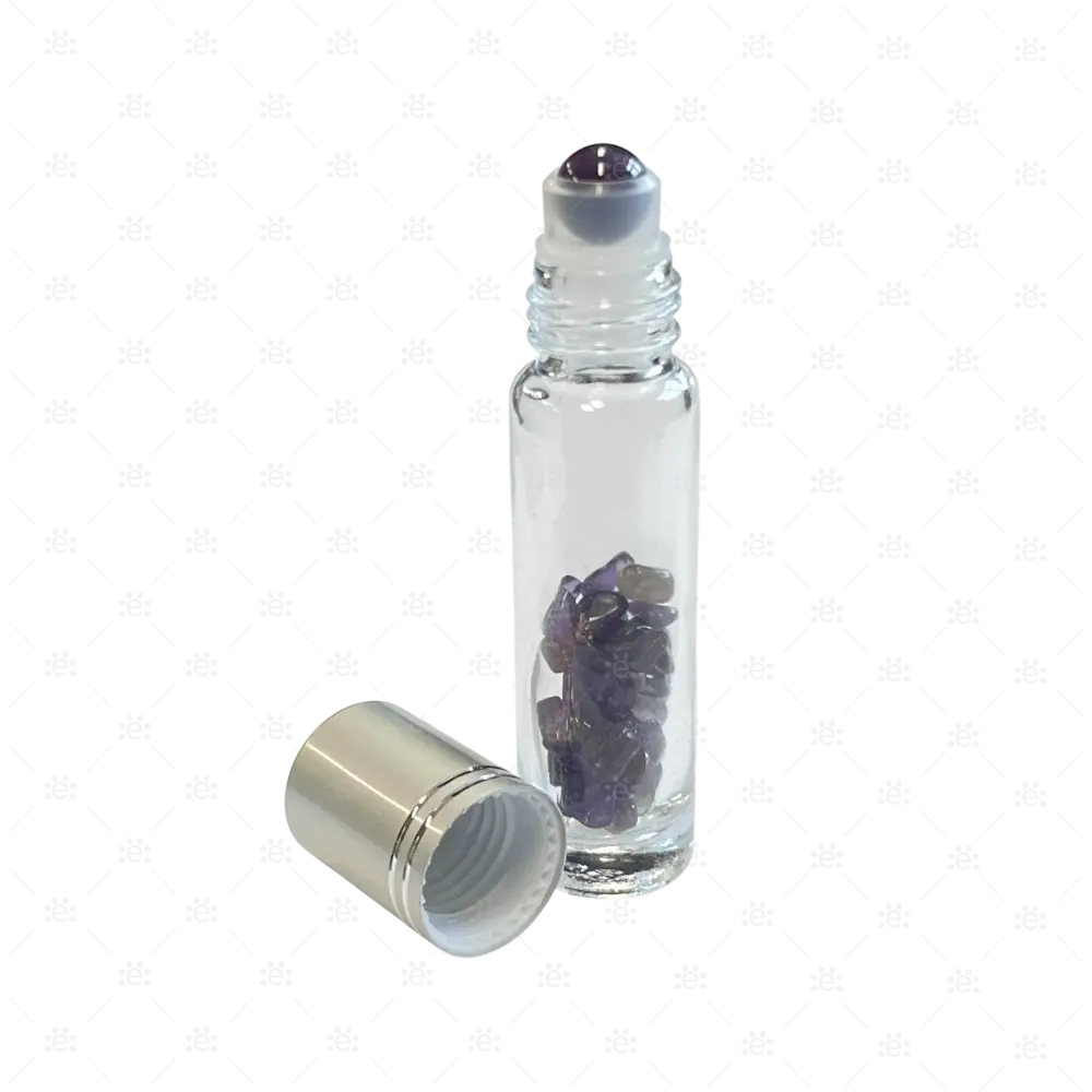 Roller 10ml Roller klar mit Amethyst Splitter metallenem Deckel & Stahlkugeleinsatz einzel Glass Roller Bottle