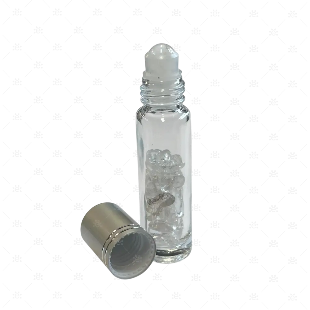 Roller 10ml klar mit Bergkristall Splitter metallenem Deckel & Stahlkugeleinsatz einzel Glass Roller Bottle