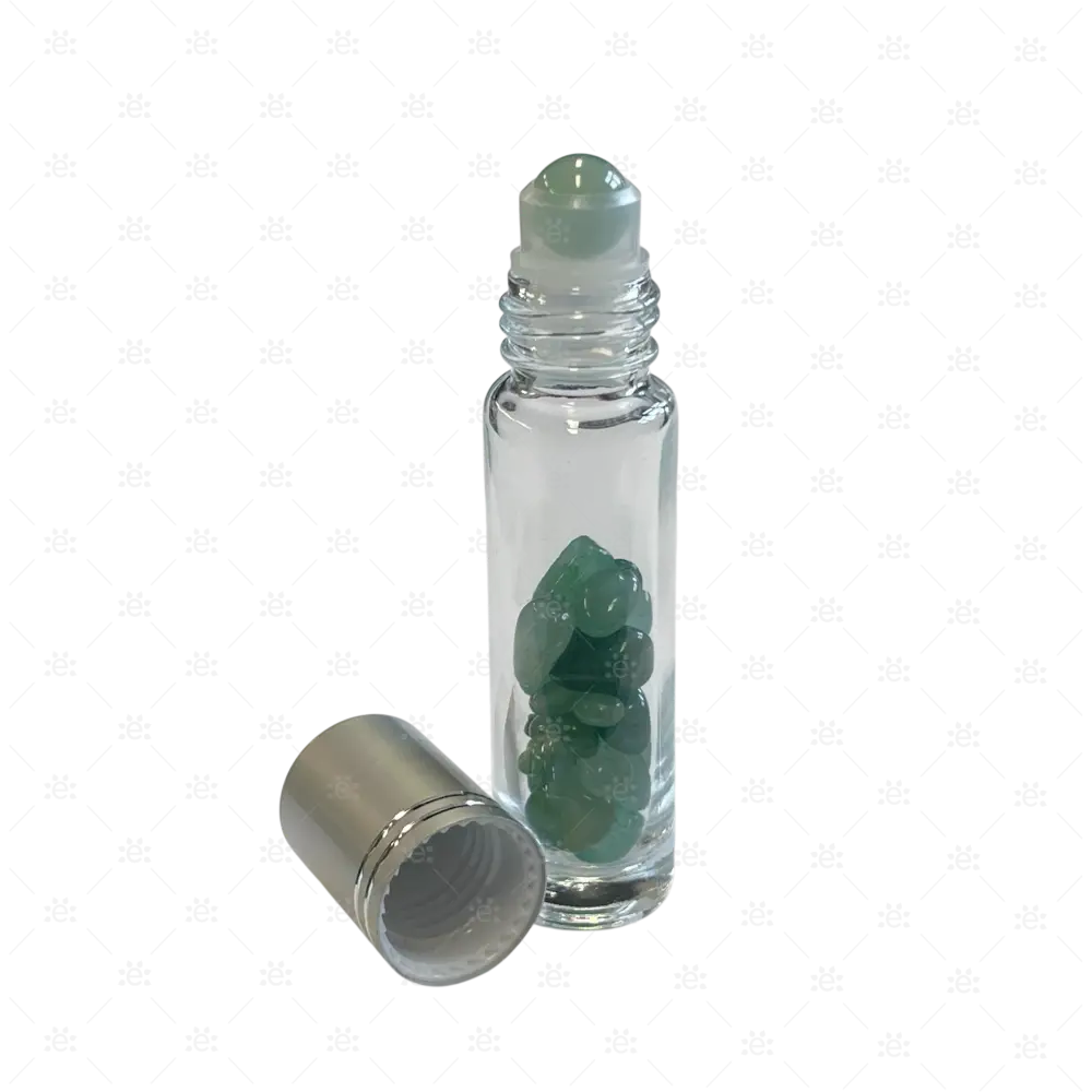 Roller 10ml klar mit grünen Aventurin Splitter metallenem Deckel & Stahlkugeleinsatz einzel Glass Roller Bottle