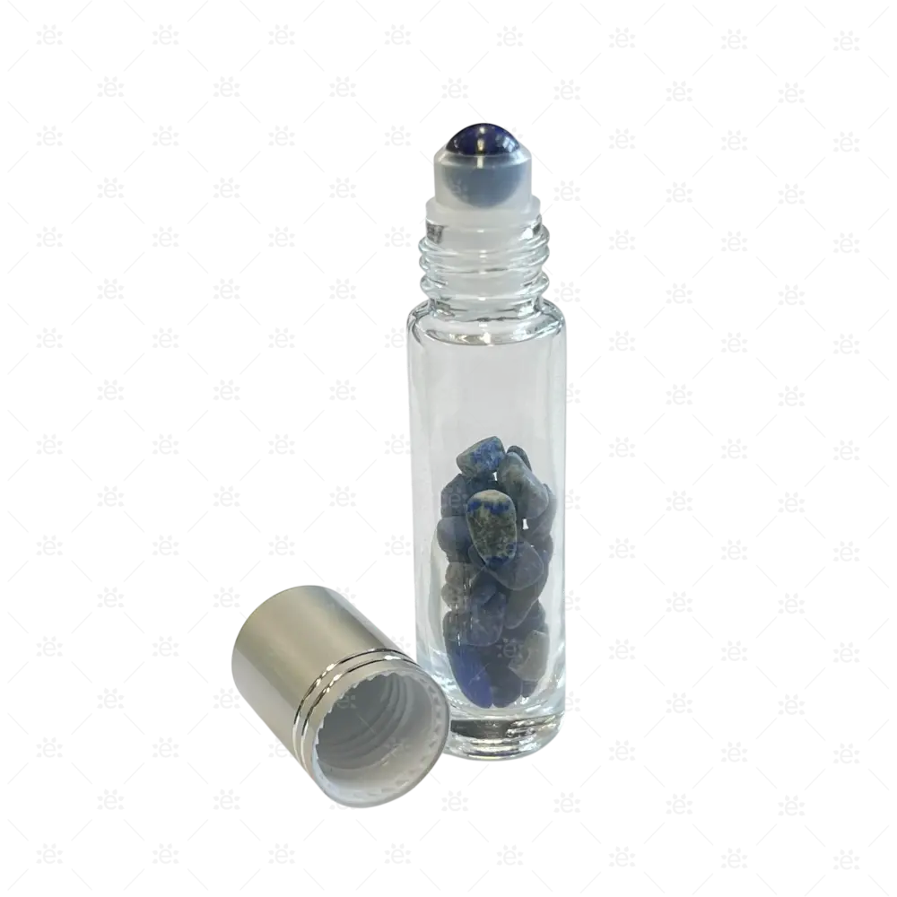 Roller 10ml klar mit Lapislazuli Splitter metallenem Deckel & Stahlkugeleinsatz einzel Glass Roller Bottle
