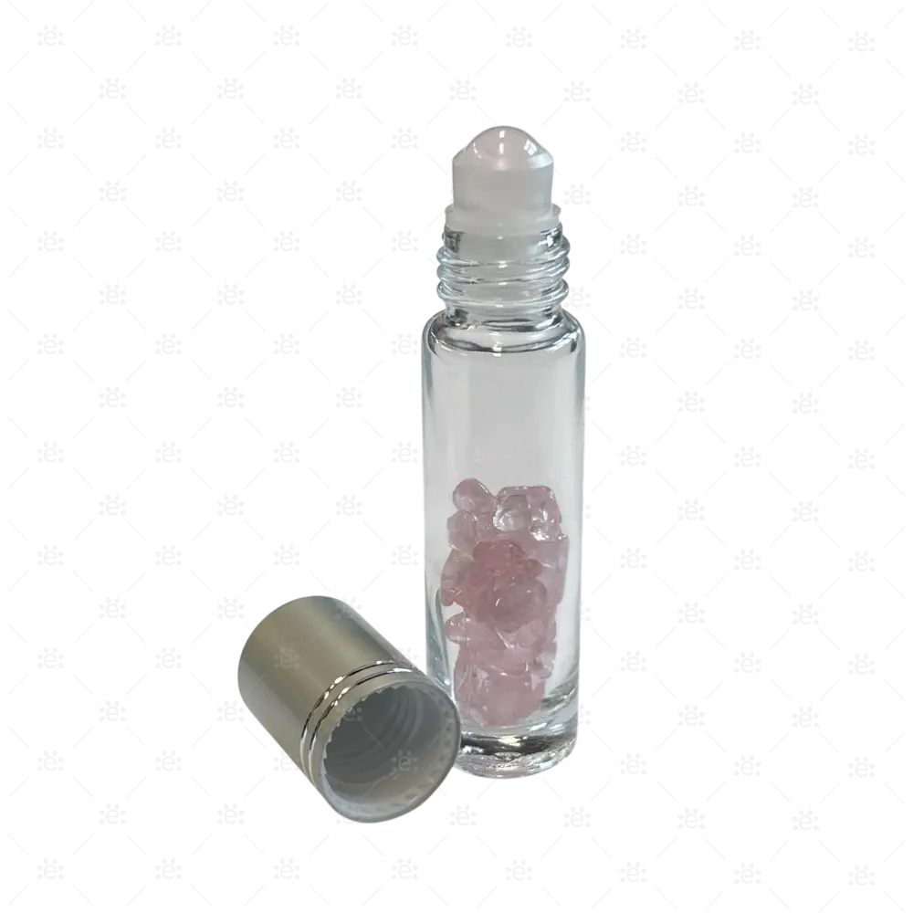 Roller 10ml klar mit Rosenquarz Splitter metallenem Deckel & Stahlkugeleinsatz einzel Glass Roller Bottle