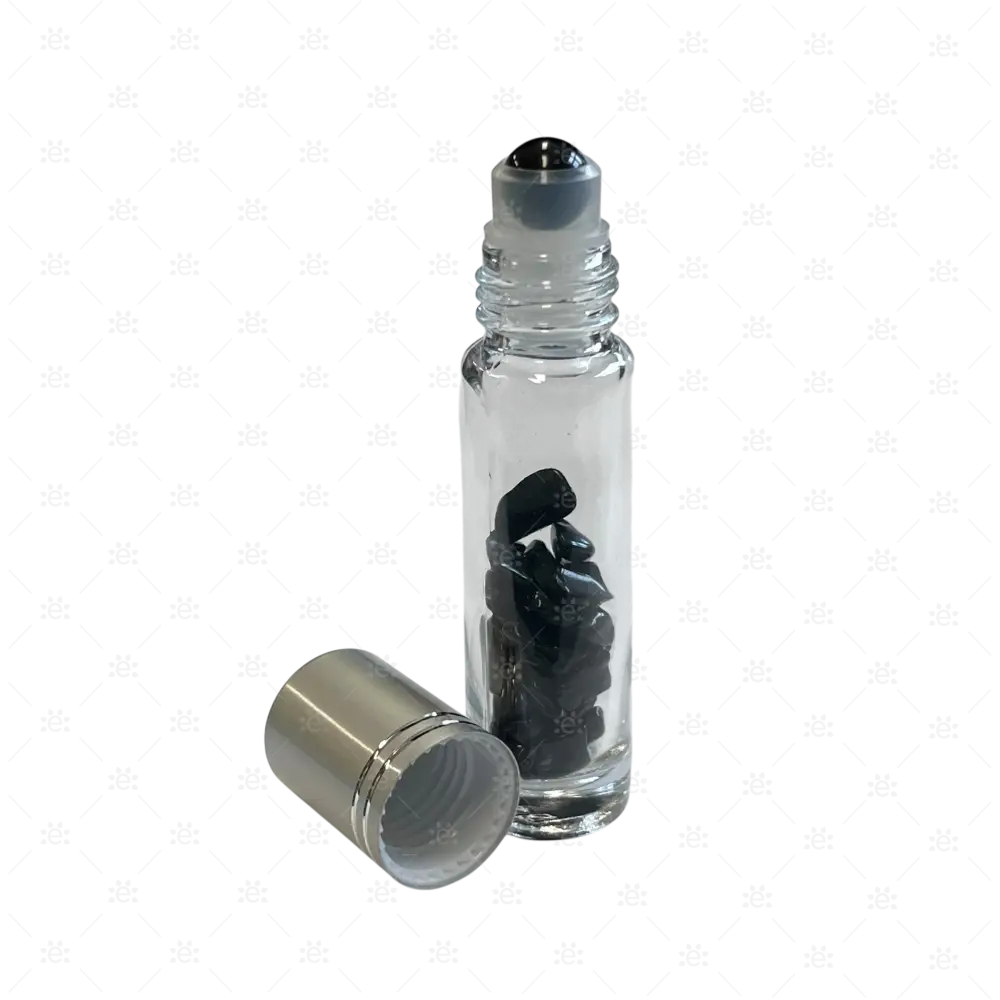 Roller 10ml klar mit schwarzen Obsidian Splitter metallenem Deckel & Stahlkugeleinsatz einzel Glass Roller Bottle