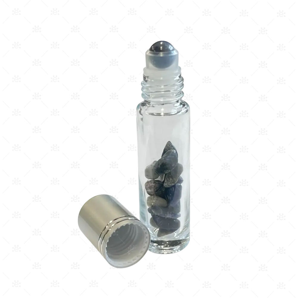 Roller 10ml klar mit Sodalite Splitter metallenem Deckel & Stahlkugeleinsatz einzel Glass Roller Bottle