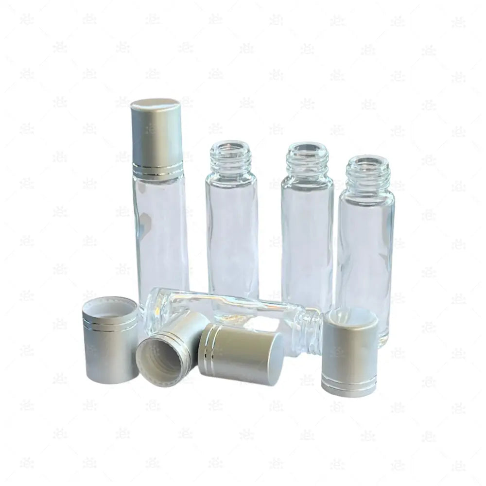 Roller 10ml Klarglas silberfarbenem metallic Deckel OHNE Kugeleinsatz (5er Pack) Glass Roller Bottle