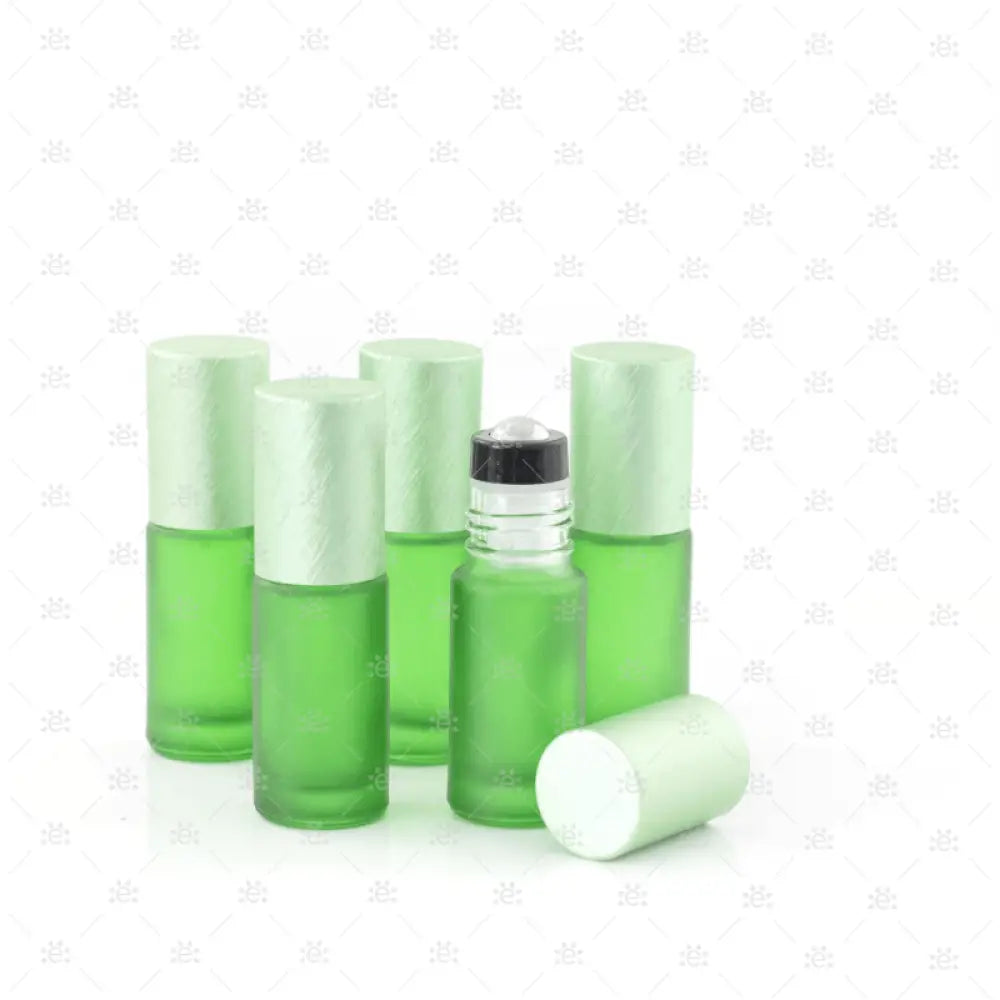 Deluxe Frosted 5Ml Green Roller Bottles With Metallic Caps & Premium Rollers (5 Pack) Glass Bottle