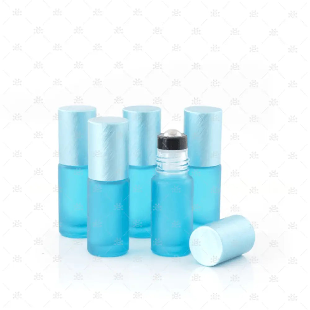 Deluxe Frosted 5Ml Teal Roller Bottles With Metallic Caps & Premium Rollers (5 Pack) Glass Bottle