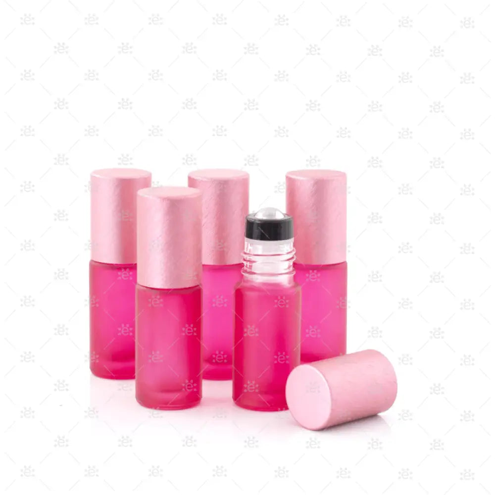 Deluxe Frosted 5Ml Pink Roller Bottles With Metallic Caps & Premium Rollers (5 Pack) Glass Bottle