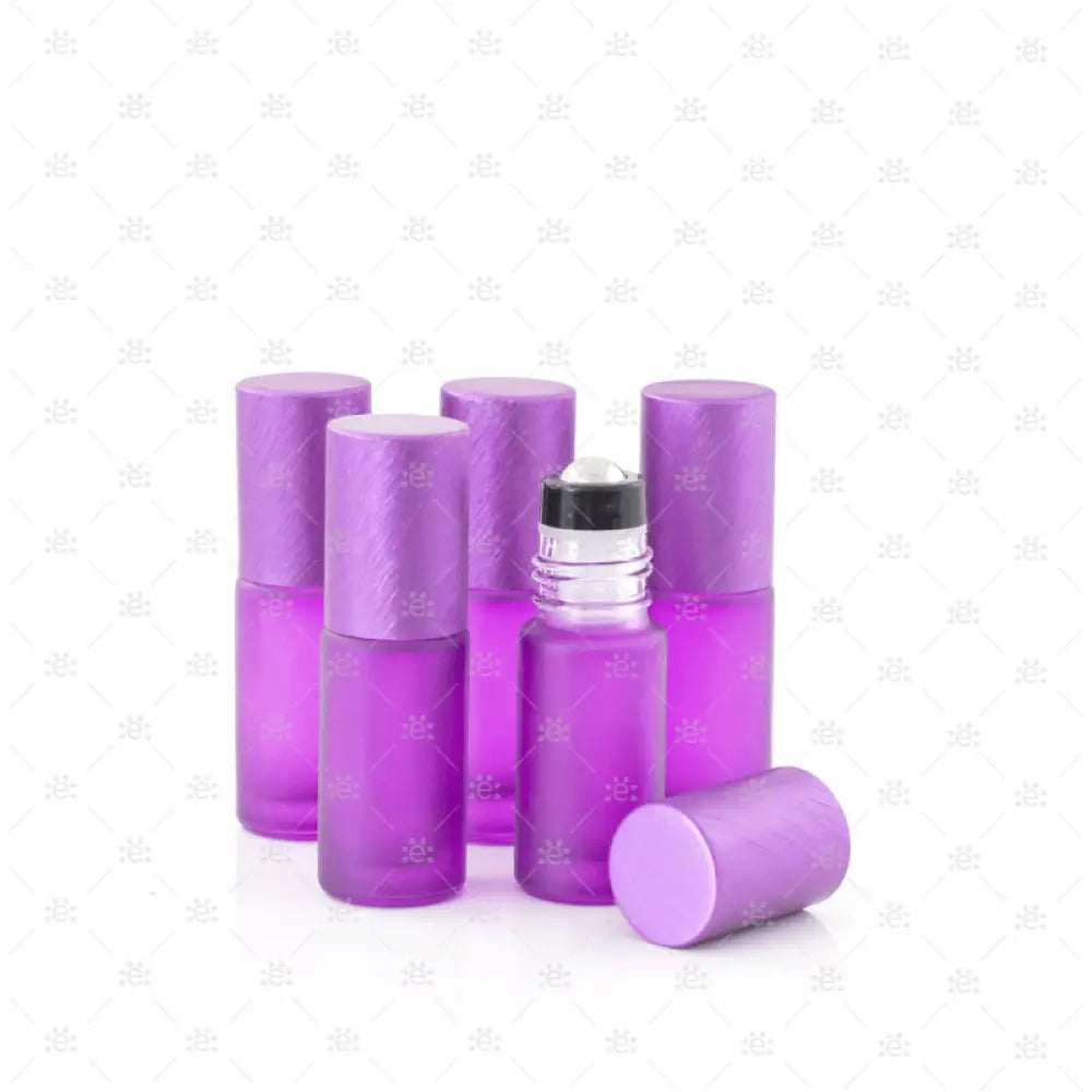 Deluxe Frosted 5Ml Purple Roller Bottles With Metallic Caps & Premium Rollers (5 Pack) Glass Bottle