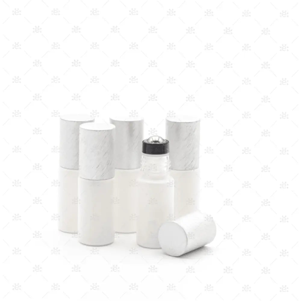 Deluxe Matte 5Ml White Roller Bottles With Pewter Metallic Caps & Premium Rollers (5 Pack) Glass